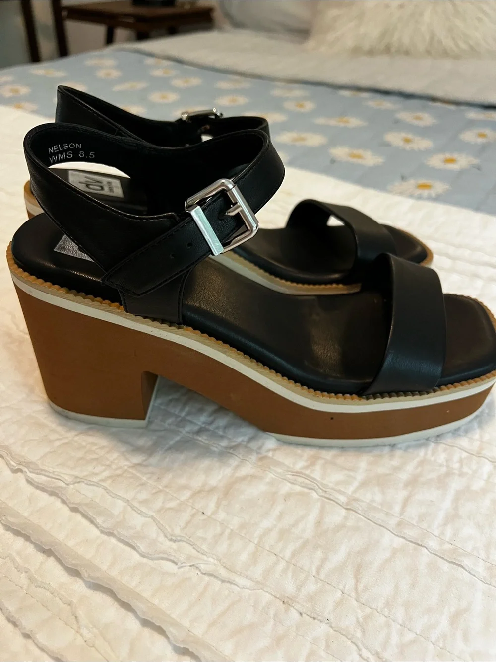 DV Dolce Vita Black Platform Block Heel Sandal with Ankle Strap size 8.5